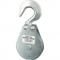 Block Division - 685 Lbs. Load Limit, Swivel Hook Block - Single Sheave, 2-5/8 Inch Outside Diameter, Wire Rope, 1/4 Inch Diameter, Eye, 3/8 Inch Inside Diameter, Carbon Steel, Zinc Plated Finish - Americas Industrial Supply