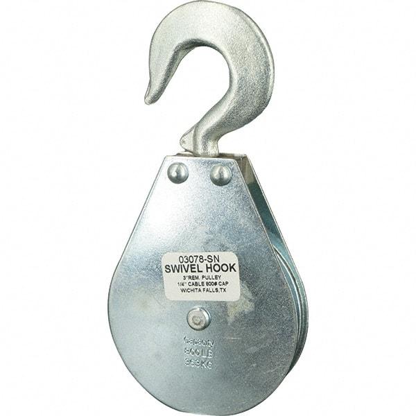 Block Division - 800 Lbs. Load Limit, Swivel Hook Block - Single Sheave, 3-1/8 Inch Outside Diameter, Wire Rope, 1/4 Inch Diameter, Eye, 3/8 Inch Inside Diameter, Carbon Steel, Zinc Plated Finish - Americas Industrial Supply