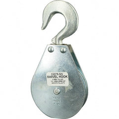 Block Division - 800 Lbs. Load Limit, Swivel Hook Block - Single Sheave, 3-1/8 Inch Outside Diameter, Wire Rope, 1/4 Inch Diameter, Eye, 3/8 Inch Inside Diameter, Carbon Steel, Zinc Plated Finish - Americas Industrial Supply