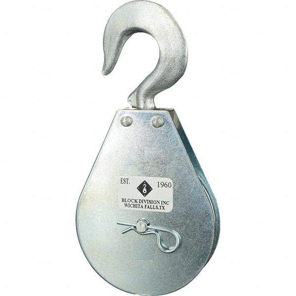 Block Division - 1, 550 Lbs. Load Limit, Swivel Hook Block - Single Sheave, 3-3/4 Inch Outside Diameter, Wire Rope, 5/16 Inch Diameter, Eye, 9/16 Inch Inside Diameter, Carbon Steel, Zinc Plated Finish - Americas Industrial Supply