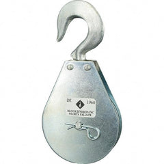 Block Division - 1, 550 Lbs. Load Limit, Swivel Hook Block - Single Sheave, 3-3/4 Inch Outside Diameter, Wire Rope, 5/16 Inch Diameter, Eye, 9/16 Inch Inside Diameter, Carbon Steel, Zinc Plated Finish - Americas Industrial Supply