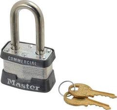 Master Lock - 1-1/2" Shackle Clearance, Keyed Different Padlock - 5/8" Shackle Width, 9/32" Shackle Diam, Laminated Steel - Americas Industrial Supply