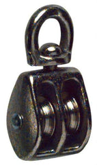 Value Collection - Swivel Eye Double Sheave Pulley - Sheave, 1 Inch Outside Diameter, Fibrous Rope, 1/4 Inch Diameter, Gray Iron, Nickel Plated Finish - Americas Industrial Supply