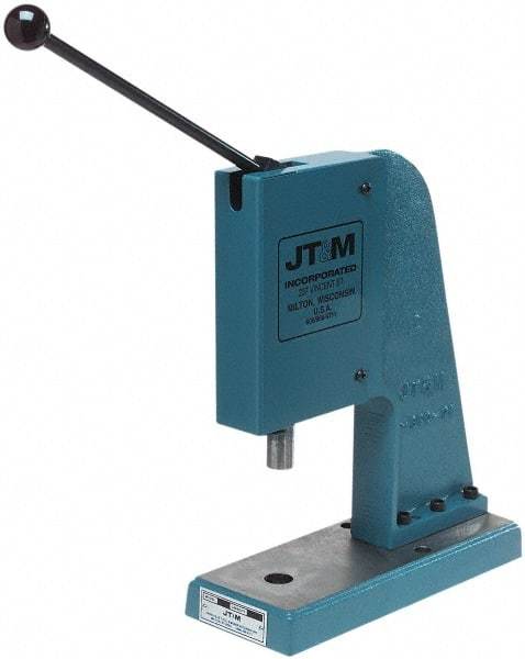 JT&M - 1" Ram, 4-3/4" Throat Depth, 2 Ton Manual Arbor Press - 5-15/16" Max Work Height x 9-1/2" Max Work Width, 5" Base Width x 13" Base Depth - Americas Industrial Supply