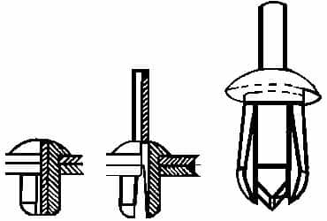 Made in USA - Round Head Nylon Push Mount Blind Rivet - Nylon Mandrel, 0.093" to 0.35" Grip, 0.38" Head Diam, 0.187" Max Hole Diam, 0.45" Length Under Head, 1/8" Body Diam - Americas Industrial Supply