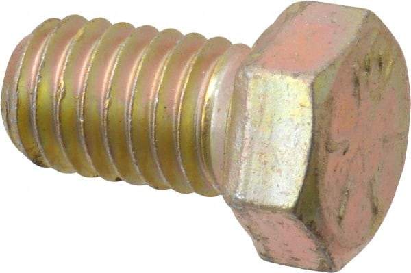 Made in USA - 7/16-14 UNC, 3/4" Length Under Head Hex Head Cap Screw - Fully Threaded, Grade 8 Alloy Steel, Zinc Yellow Dichromate Finish, 5/8" Hex - Americas Industrial Supply