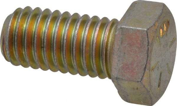Made in USA - 7/16-14 UNC, 7/8" Length Under Head Hex Head Cap Screw - Fully Threaded, Grade 8 Alloy Steel, Zinc Yellow Dichromate Finish, 5/8" Hex - Americas Industrial Supply