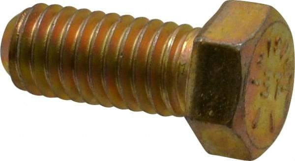 Made in USA - 7/16-14 UNC, 1" Length Under Head Hex Head Cap Screw - Fully Threaded, Grade 8 Alloy Steel, Zinc Yellow Dichromate Finish, 5/8" Hex - Americas Industrial Supply