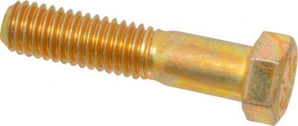 Made in USA - 7/16-14 UNC, 2" Length Under Head Hex Head Cap Screw - Partially Threaded, Grade 8 Alloy Steel, Zinc Yellow Dichromate Finish, 5/8" Hex - Americas Industrial Supply