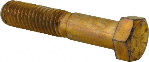 Made in USA - 7/16-14 UNC, 2-1/4" Length Under Head Hex Head Cap Screw - Partially Threaded, Grade 8 Alloy Steel, Zinc Yellow Dichromate Finish, 5/8" Hex - Americas Industrial Supply