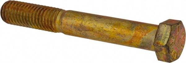 Made in USA - 9/16-12 UNC, 4" Length Under Head Hex Head Cap Screw - Partially Threaded, Grade 8 Alloy Steel, Zinc Yellow Dichromate Finish, 13/16" Hex - Americas Industrial Supply
