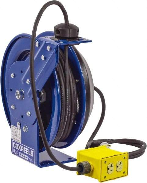 CoxReels - 12 AWG, 75' Cable Length, Cord & Cable Reel with Quad Outlet End - 4 Outlets, NEMA 5-20R, 20 Amps, 115 Volts, SJO Cable, Blue Reel, Spring Driven Reel - Americas Industrial Supply