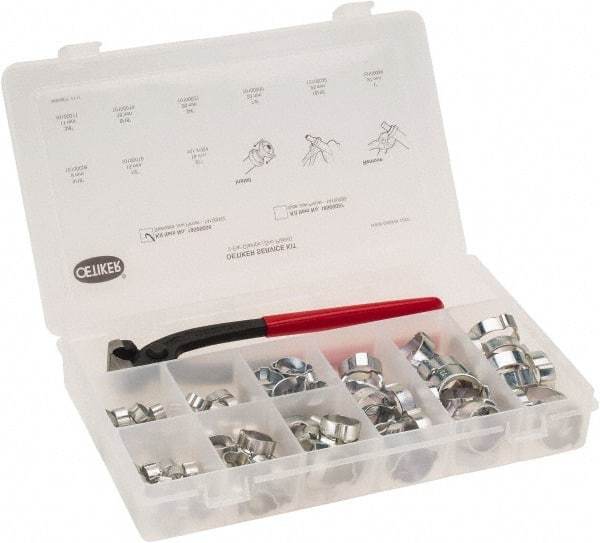 Oetiker - 124 Piece, 5/16 to 1" Diam, 2-Ear Service Clamp Kit - 123 Clamps & 1 Standard Jaw Pincers - Americas Industrial Supply