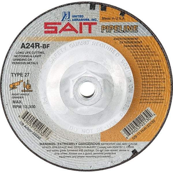 Sait - 24 Grit, 5" Wheel Diam, 1/8" Wheel Thickness, Type 27 Depressed Center Wheel - Aluminum Oxide, Resinoid Bond, R Hardness, 12,200 Max RPM, Compatible with Angle Grinder - Americas Industrial Supply
