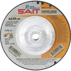 Sait - 24 Grit, 9" Wheel Diam, 1/8" Wheel Thickness, Type 27 Depressed Center Wheel - Aluminum Oxide, Resinoid Bond, R Hardness, 6,600 Max RPM, Compatible with Angle Grinder - Americas Industrial Supply