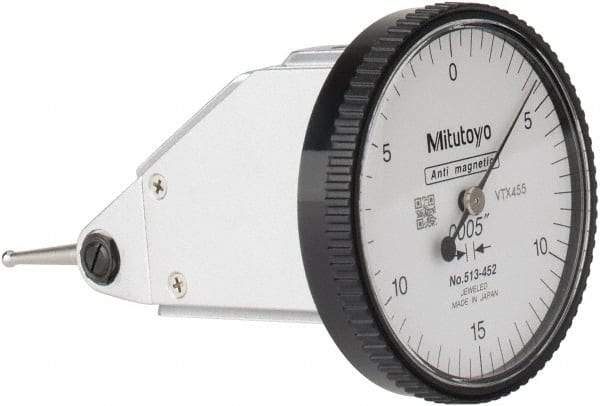 Mitutoyo - 0.03 Inch Range, 0.0005 Inch Dial Graduation, Vertical Dial Test Indicator - 1.5748 Inch White Dial, 0-15-0 Dial Reading, Accurate to 0.0005 Inch - Americas Industrial Supply