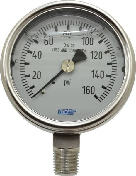 Wika - 2-1/2" Dial, 1/4 Thread, 0-160 Scale Range, Pressure Gauge - Lower Connection Mount, Accurate to 2-1-2% of Scale - Americas Industrial Supply