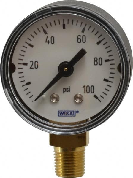 Wika - 1-1/2" Dial, 1/8 Thread, 0-100 Scale Range, Pressure Gauge - Lower Connection Mount, Accurate to 3-2-3% of Scale - Americas Industrial Supply