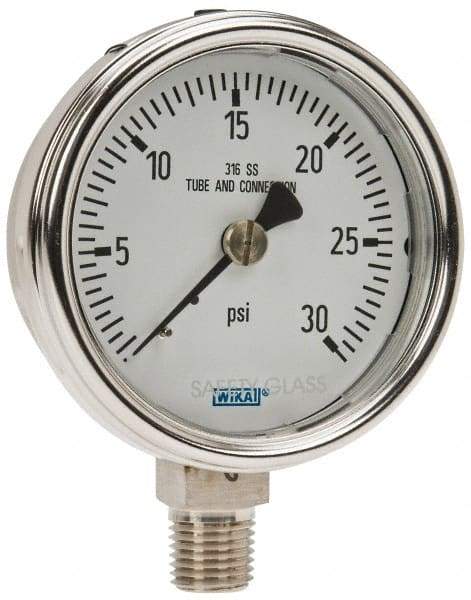 Wika - 2-1/2" Dial, 1/4 Thread, 0-30 Scale Range, Pressure Gauge - Lower Connection Mount, Accurate to 2-1-2% of Scale - Americas Industrial Supply