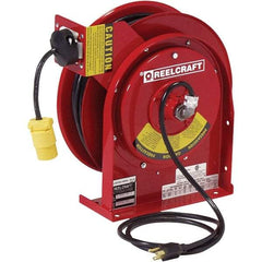 Reelcraft - 16 AWG, 50' Cable Length, Cord & Cable Reel with Single Nema 5-15 End - 1 Outlet, NEMA 4, 13 Amps, 125 Volts, SJTOW Cable, Red Reel, Spring Driven Reel - Americas Industrial Supply