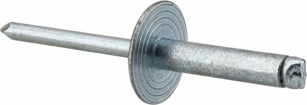 RivetKing - Size 610 Large Flange Dome Head Steel Open End Blind Rivet - Steel Mandrel, 0.501" to 5/8" Grip, 5/8" Head Diam, 0.192" to 0.196" Hole Diam, 0.825" Length Under Head, 3/16" Body Diam - Americas Industrial Supply