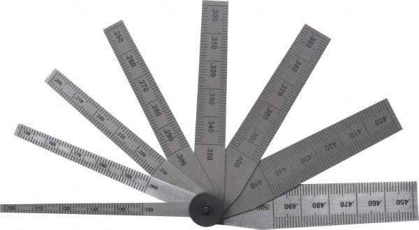 SPI - 0.1 to 0.5 Inch Measurement, 8 Leaf Taper Gage - 2-1/2 Inch Long, Tempered Steel, 0.001 Inch Graduation - Americas Industrial Supply