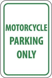 NMC - "Motorcycle Parking Only", 12" Wide x 18" High, Aluminum Reserved Parking Signs - 0.04" Thick, Green on White, Rectangle, Wall Mount - Americas Industrial Supply