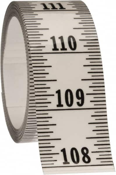 Made in USA - 12 Ft. Long x 1-1/4 Inch Wide, 1/16 Inch Graduation, Clear, Mylar Adhesive Tape Measure - Reads Bottom to Top, Vertical Rules - Americas Industrial Supply