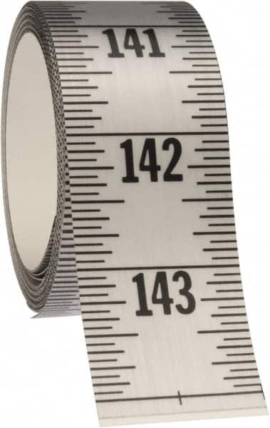 Made in USA - 12 Ft. Long x 1-1/4 Inch Wide, 1/16 Inch Graduation, Silver, Mylar Adhesive Tape Measure - Reads Top to Bottom, Vertical Rules - Americas Industrial Supply