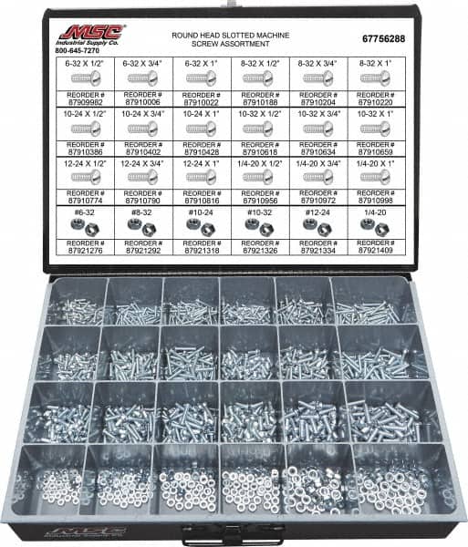 Value Collection - 1,200 Piece, #6-32 to 1/4-20, Steel Machine Screw Assortment - Round Head, Slotted Drive, 1/2 to 1" Long, Grade 2 - Americas Industrial Supply
