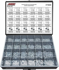 Value Collection - 1,200 Piece, #6-32 to 1/4-20, Steel Machine Screw Assortment - Round Head, Slotted Drive, 1/2 to 1" Long, Grade 2 - Americas Industrial Supply