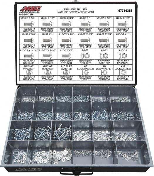 Value Collection - 1,200 Piece, #6-32 to #10-32, Steel Machine Screw Assortment - Pan Head, Phillips Drive, 1/4 to 2" Long, Grade 2 - Americas Industrial Supply
