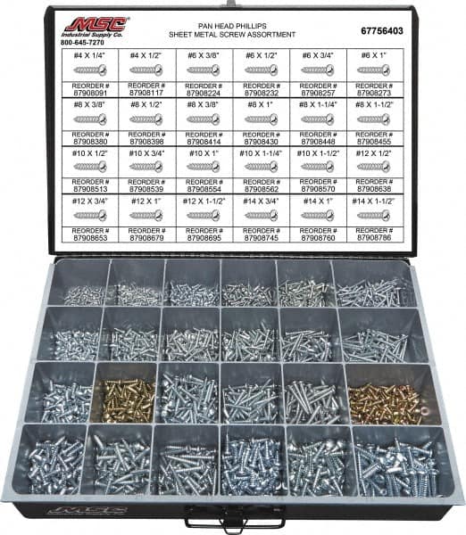 Value Collection - 2,000 Piece, #4x1/4 to #10 x 1-1/4, Steel Sheet Metal Screw Assortment - Pan Head, Phillips Drive, 1/4 to 1-1/2" Long, Grade 2 - Americas Industrial Supply
