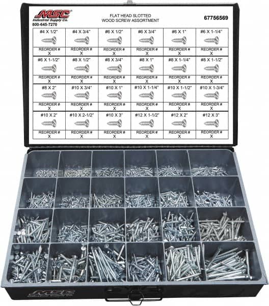 Value Collection - 2,400 Piece, #4x1/2 to #10 x 1-1/4, Steel Wood Screw Assortment - Flat Head, Slotted Drive, 1/2 to 3" Long, Grade 2 - Americas Industrial Supply