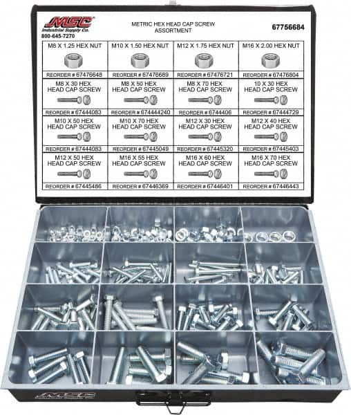 Value Collection - 200 Piece Steel Hex Head Cap Screws - M8 to M16 Thread, Grade 2 - Americas Industrial Supply