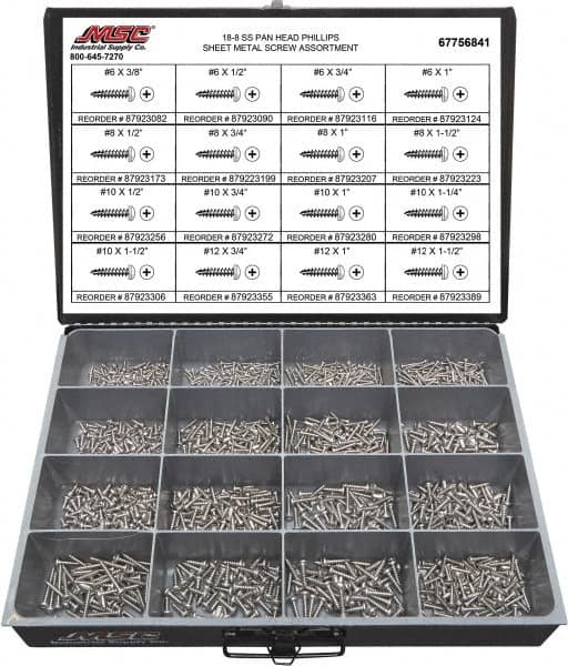 Value Collection - 1,300 Piece, #6x3/8 to #12 x 1-1/2, Stainless Steel Sheet Metal Screw Assortment - Pan Head, Phillips Drive, 3/8 to 1-1/2" Long, Grade 18-8 - Americas Industrial Supply