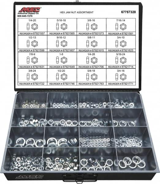 Value Collection - 1/4-20 to 3/4-16 Thread, 425 Piece Steel Nut Assortment - Grade 2 - Americas Industrial Supply