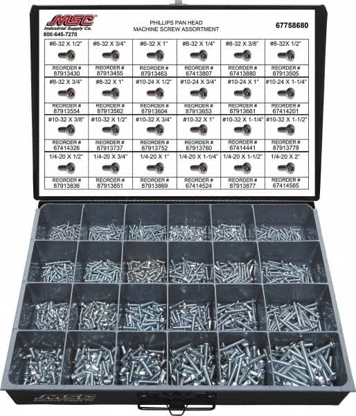 Value Collection - 1,200 Piece, #6-32 to 1/4-20, Steel Machine Screw Assortment - Pan Head, Phillips Drive, 1/2 to 2" Long, Grade 2 - Americas Industrial Supply