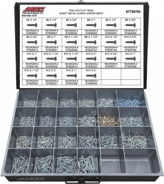 Value Collection - 1,200 Piece, #4x1/2 to #10x2, Steel Sheet Metal Screw Assortment - Flat Head, Phillips Drive, 1/2 to 2" Long, Grade 2 - Americas Industrial Supply
