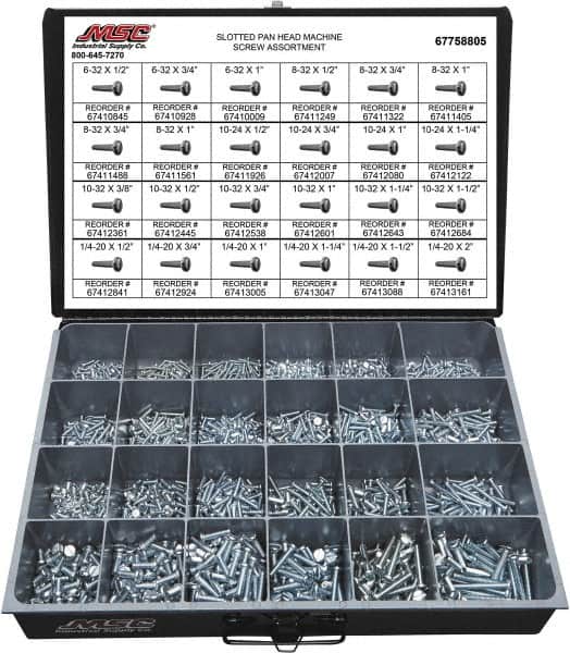 Value Collection - 2,100 Piece, #6-32 to 1/4-20, Steel Machine Screw Assortment - Pan Head, Slotted Drive, 1/2 to 2" Long, Grade 2 - Americas Industrial Supply