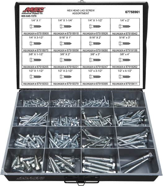Value Collection - 375 Piece, 1/4x1 to 1/2 x 4-1/2, Steel Lag Screw Assortment - Hex Head, Hex Drive, 1 to 4-1/2" Long, Grade 2 - Americas Industrial Supply