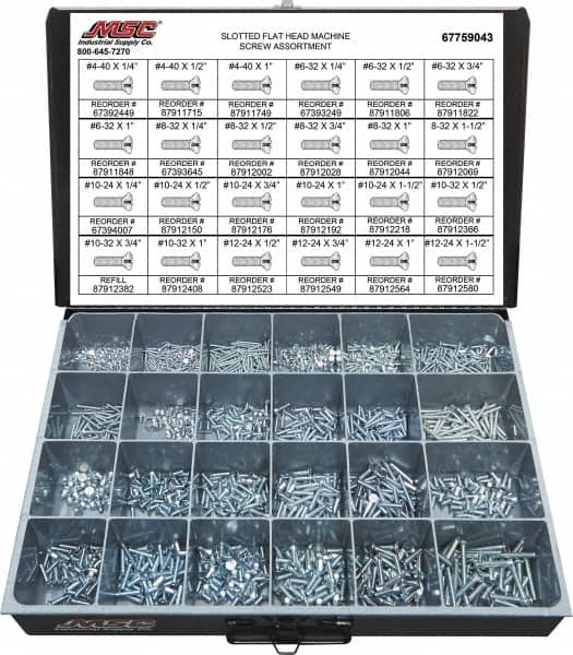 Value Collection - 1,500 Piece, #4-40 to #12-24, Steel Machine Screw Assortment - Flat Head, Slotted Drive, 1/4 to 1-1/2" Long, Grade 2 - Americas Industrial Supply