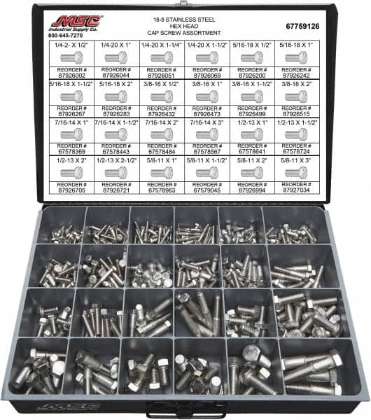 Value Collection - 375 Piece Stainless Steel Hex Head Cap Screws - 1/4-20 to 5/8-11 Thread, 18-8 - Americas Industrial Supply