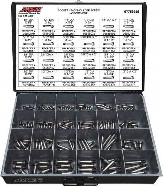 Value Collection - 190 Piece, 1/4x3/8 to 3/8 x 1-1/2, Alloy Steel Shoulder Screw Assortment - Socket Cap Head, Hex Socket Drive, 3/8 to 2" Long - Americas Industrial Supply