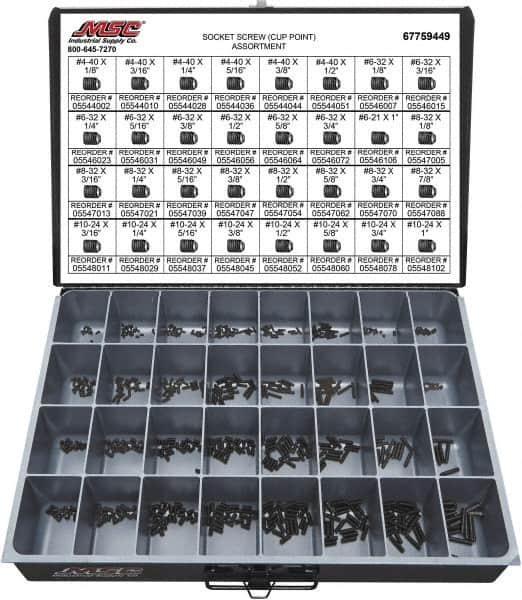 Value Collection - 710 Piece, #4-40 to #10-24, Alloy Steel Set Screw Assortment - Hex Head, Hex Socket Drive, 1/8 to 1" Long - Americas Industrial Supply