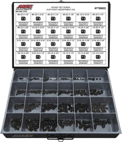 Value Collection - 555 Piece, #6-32 to 1/2-13, Alloy Steel Set Screw Assortment - Hex Head, Hex Socket Drive, 1/8 to 3/4" Long - Americas Industrial Supply