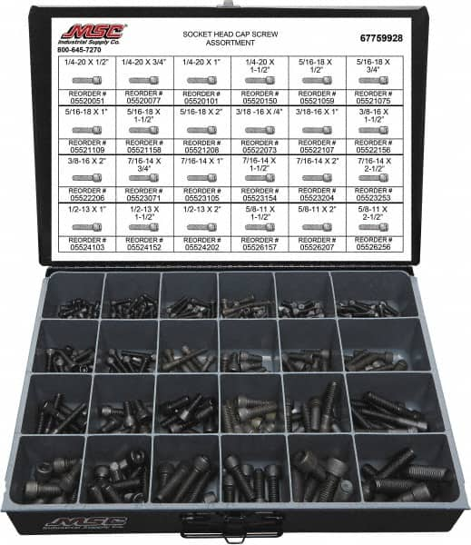 Value Collection - 375 Piece Alloy Steel Socket Head Cap Screws - 1/4-20 to 5/8-11 Thread - Americas Industrial Supply