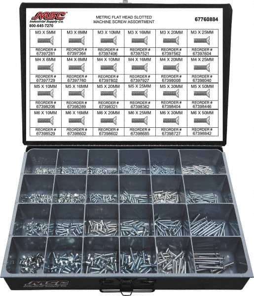 Value Collection - 820 Piece, M3x5.00 to M5x25.00, Steel Machine Screw Assortment - Flat Head, Slotted Drive, 5 to 50mm Long, Grade 2 - Americas Industrial Supply