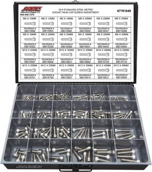 Value Collection - 240 Piece Stainless Steel Socket Head Cap Screws - M6 to M12 Thread, 18-8 - Americas Industrial Supply