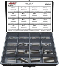 Value Collection - 130 Piece, #0 to #8" Pin Diam, Taper Pin Assortment - 1-1/2 to 4" Long, Grade 2 Steel - Americas Industrial Supply